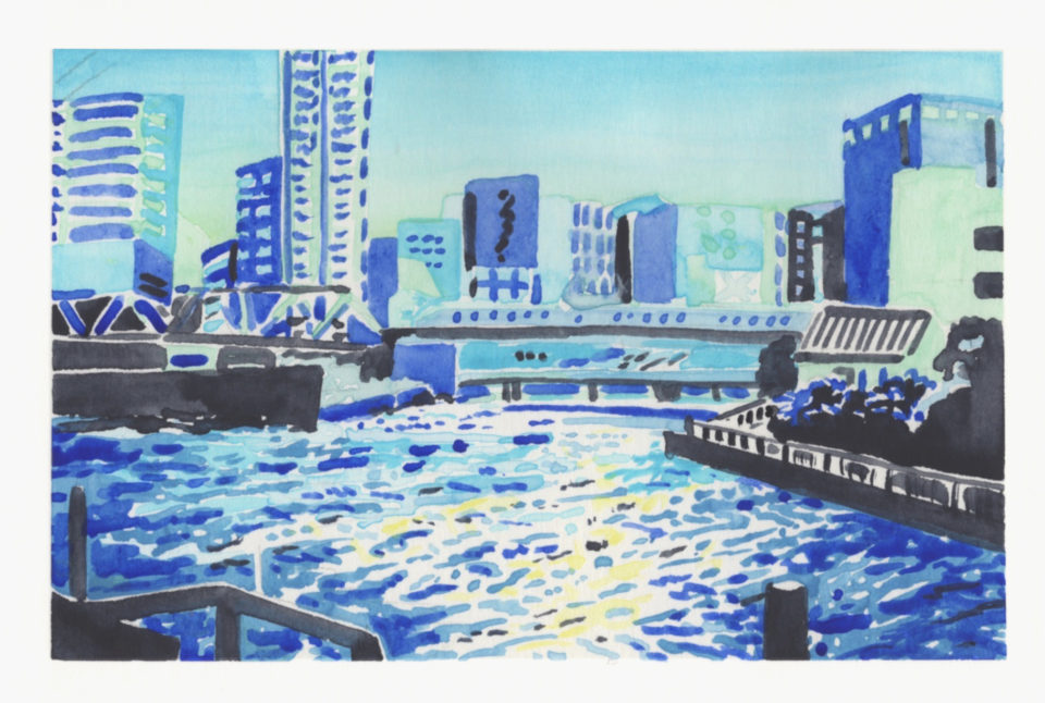 ビルと新幹線の隙間の水面　The sparkle between the building and the bullet train